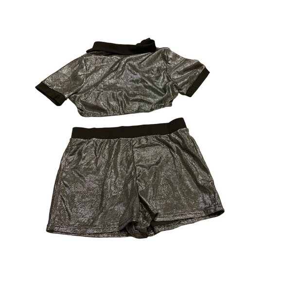 NWT Shein Curve Shiny Two-Piece Set 1XL Polyester/Elastane Black & Silver - Picture 4 of 6